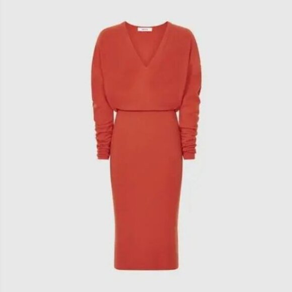 REISS Jenna Red Orange Deep V Neck Midi Sweater Dress S - Picture 5 of 12